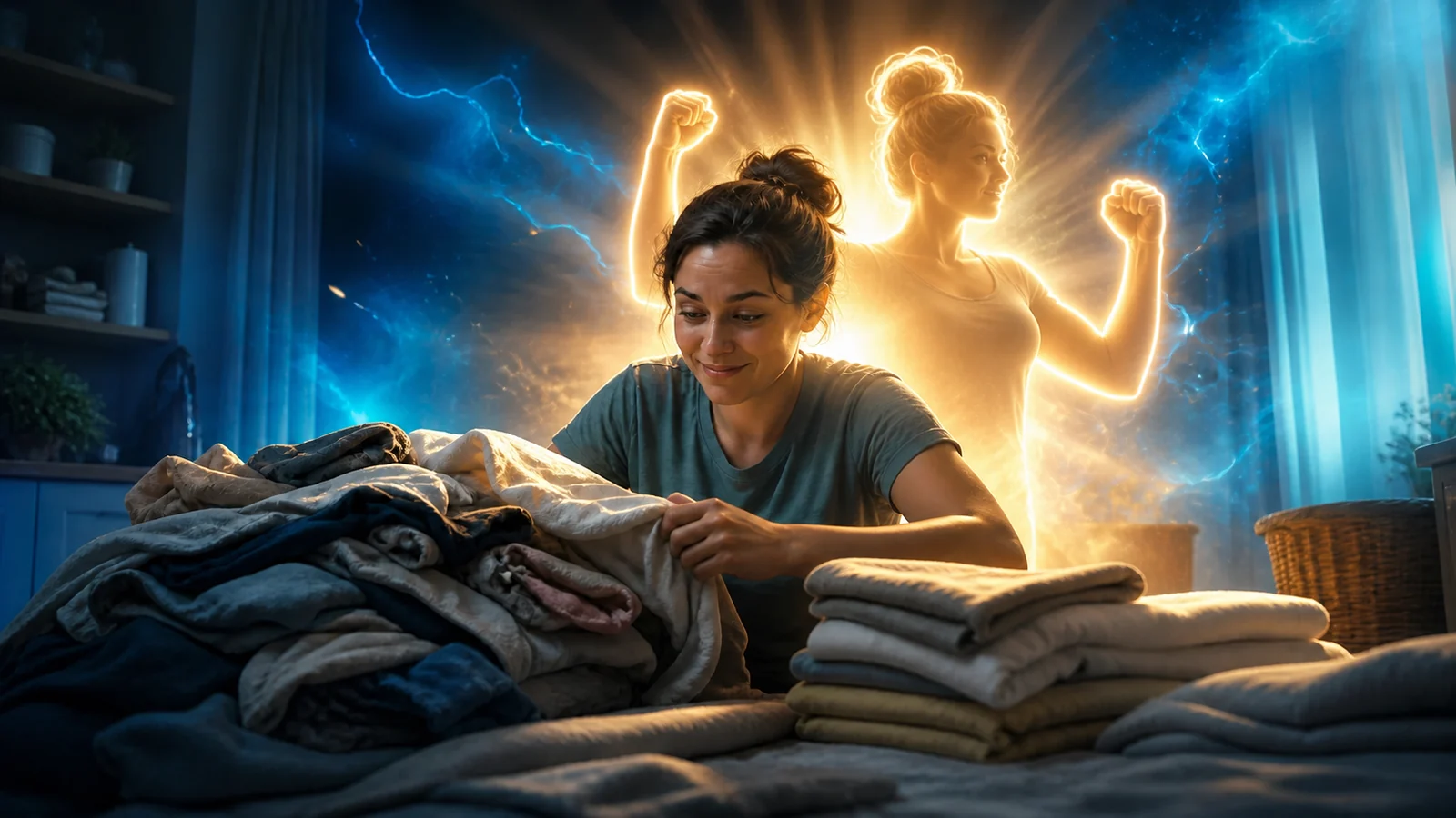 An intensely supportive presence motivates someone folding a mountain of laundry.