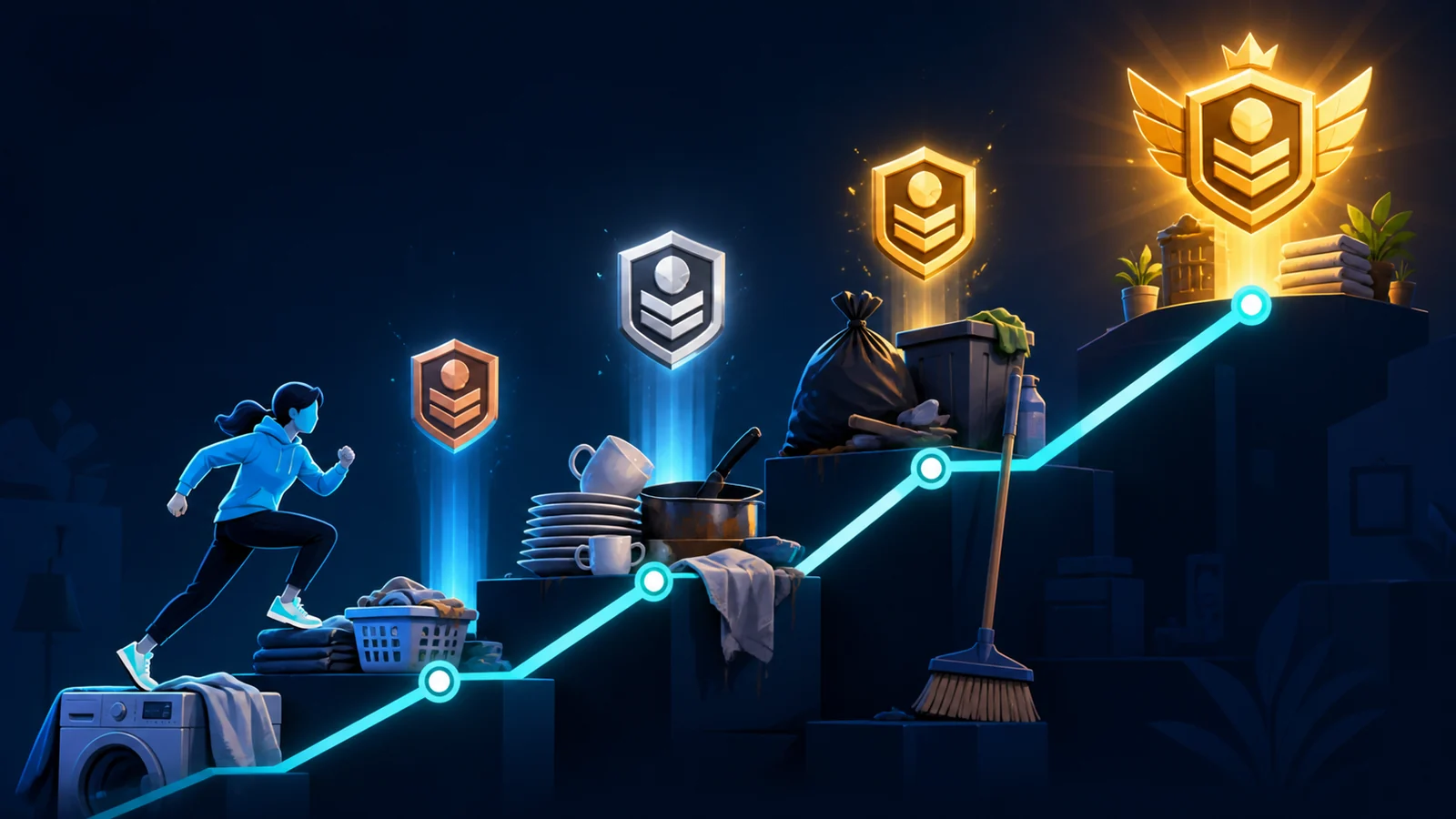 A stylized person climbs through household challenges and unlocks increasingly prestigious ranks.