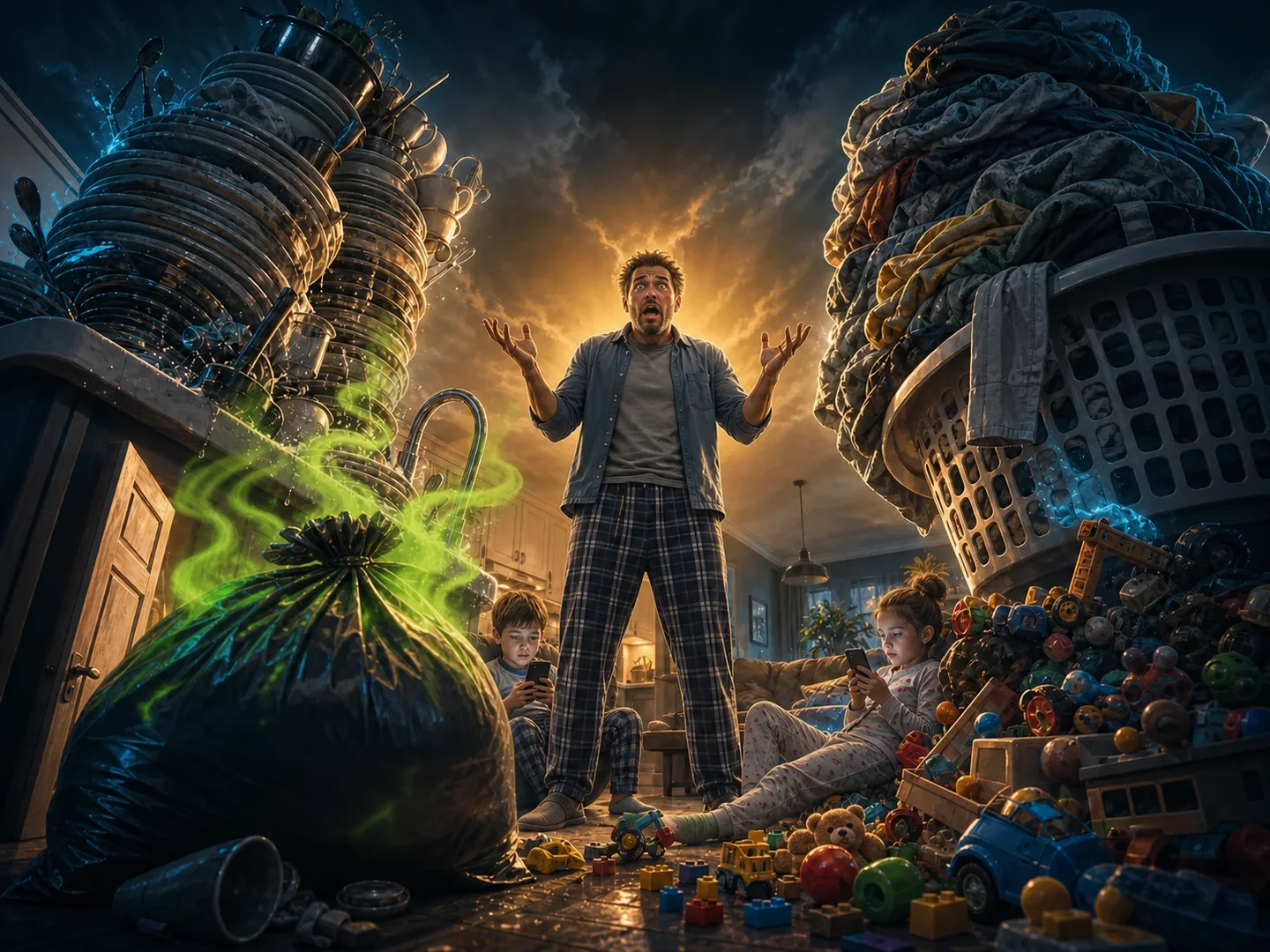 An overwhelmed father stands between towering dishes, laundry and foul-smelling rubbish while two children play on their phones.