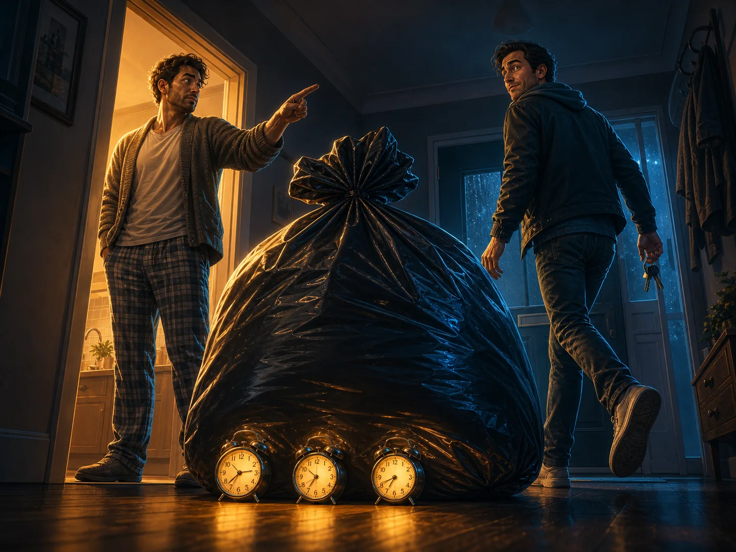 One partner points towards an enormous rubbish bag as the other pauses beside the front door.
