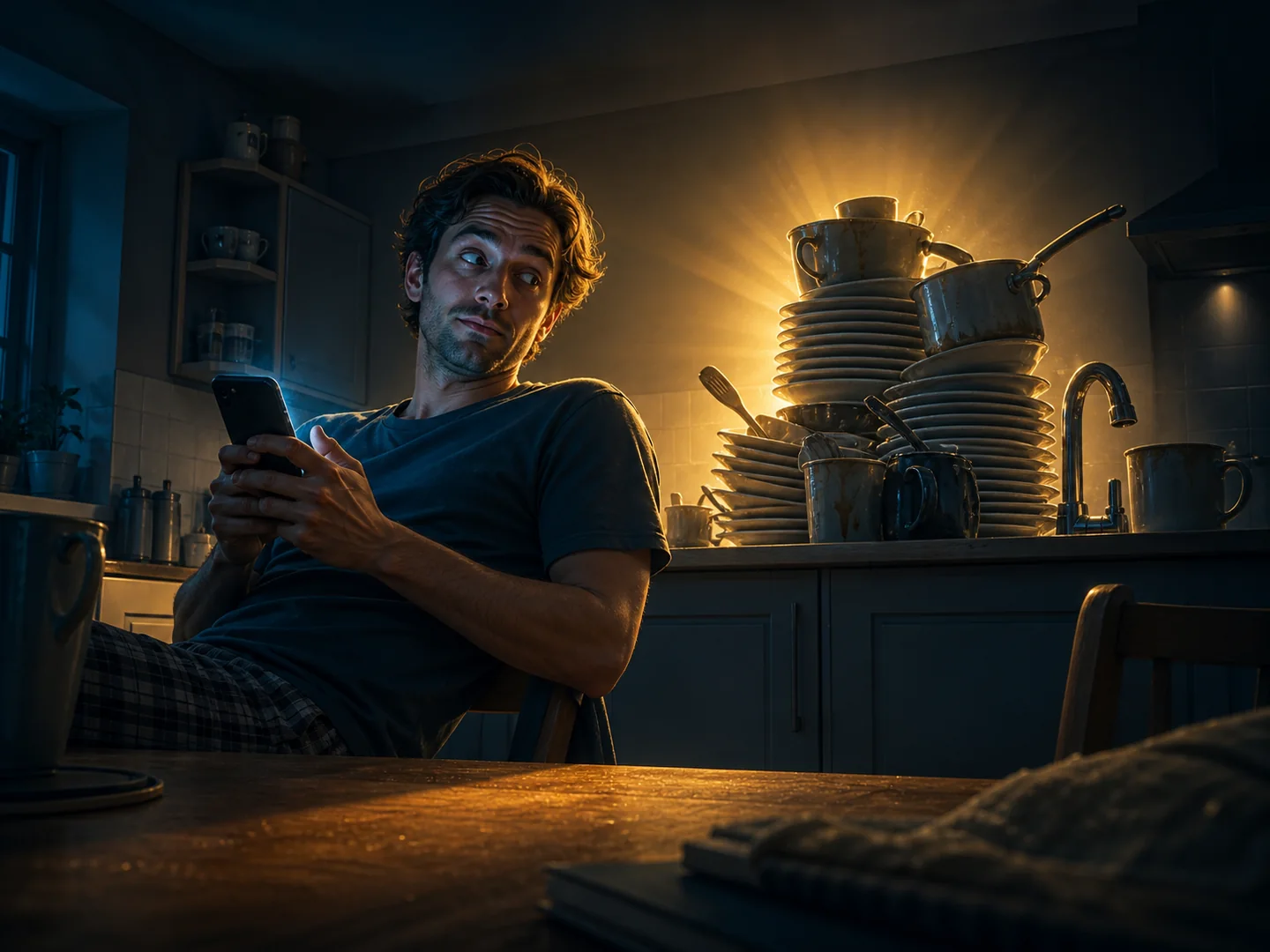 A phone-scrolling man glances at a towering stack of dirty dishes waiting behind him.